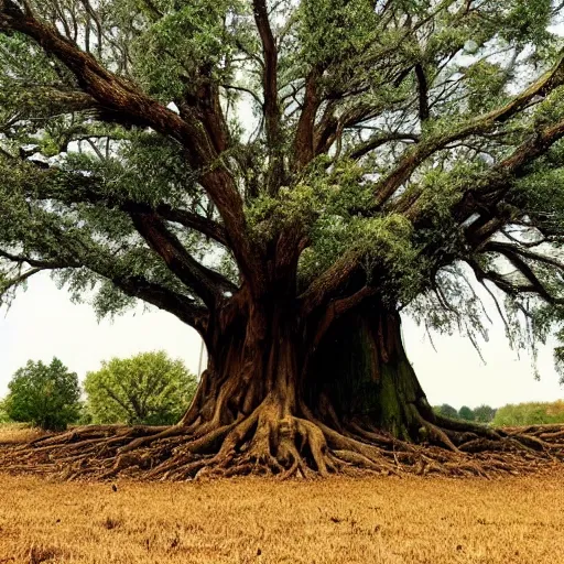 Prompt: a huge tree with only 3 branches and no leaves standing in the middle of a field