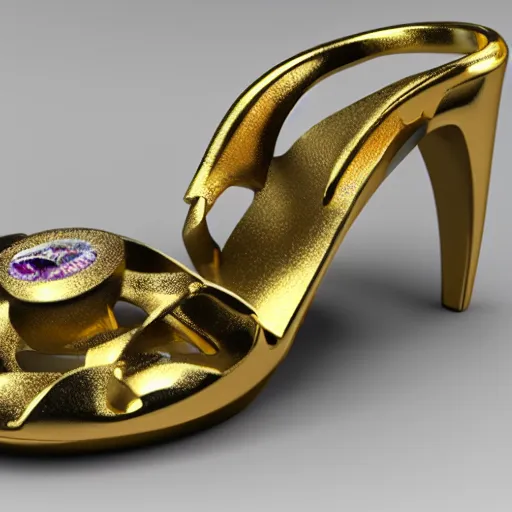 Image similar to concept art of sandal, 3 d print, anatomic description, gems, gold, 8 k, details, studio lighting, realism, complex lights