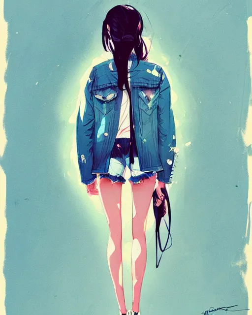 Image similar to a ultradetailed beautiful painting of a stylish woman in a denim jacket and shorts, by conrad roset, greg rutkowski and makoto shinkai trending on artstation