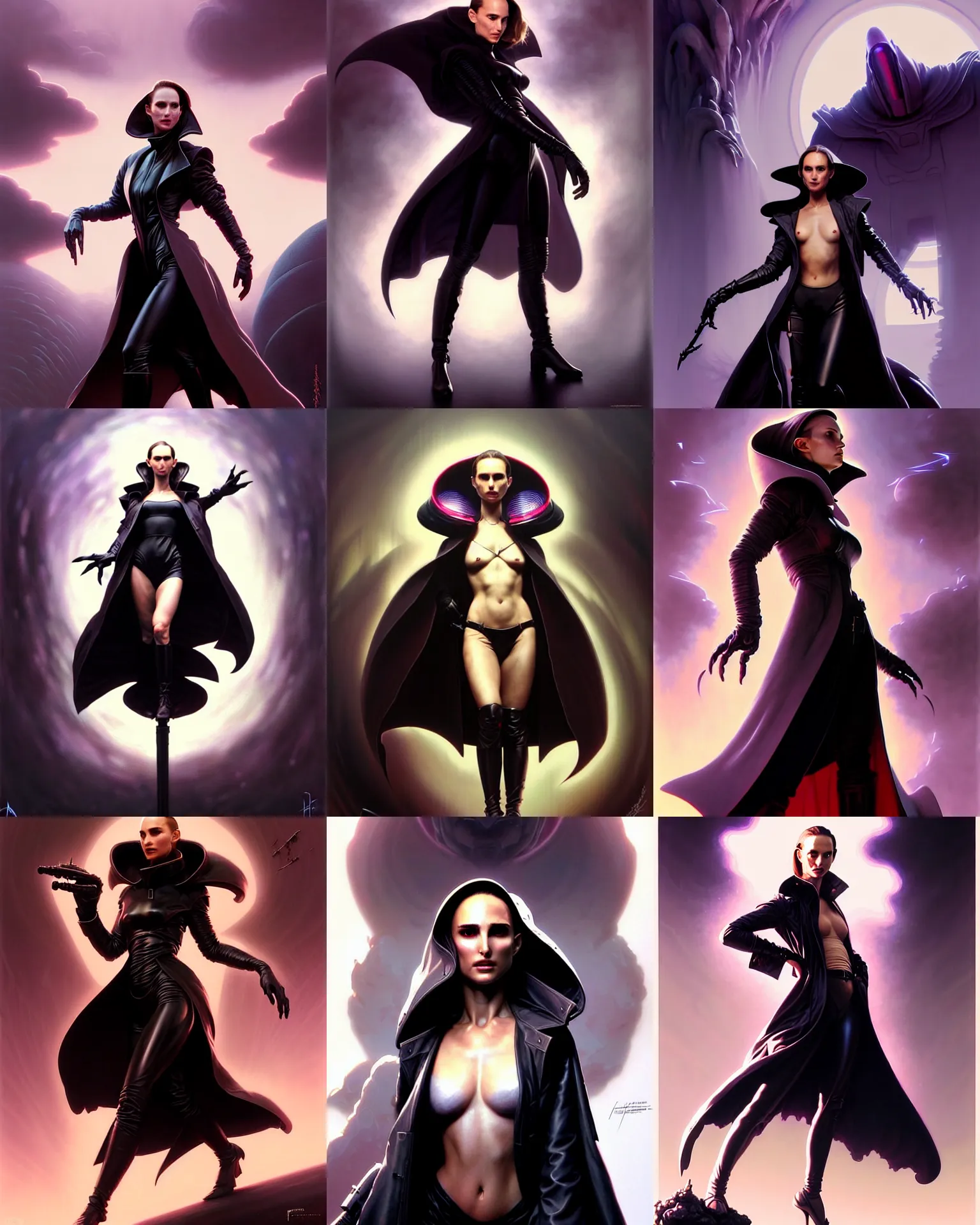 Prompt: beautiful fantasy character portrait, natalie portman, wearing oversized black trench coat, ultra realistic, wide angle, dramatic lighting, vultures, very seductive pose, mass effect artifacts, highly detailed by peter mohrbacher, hajime sorayama, wayne barlowe, boris vallejo, aaron horkey, gaston bussiere, craig mullins