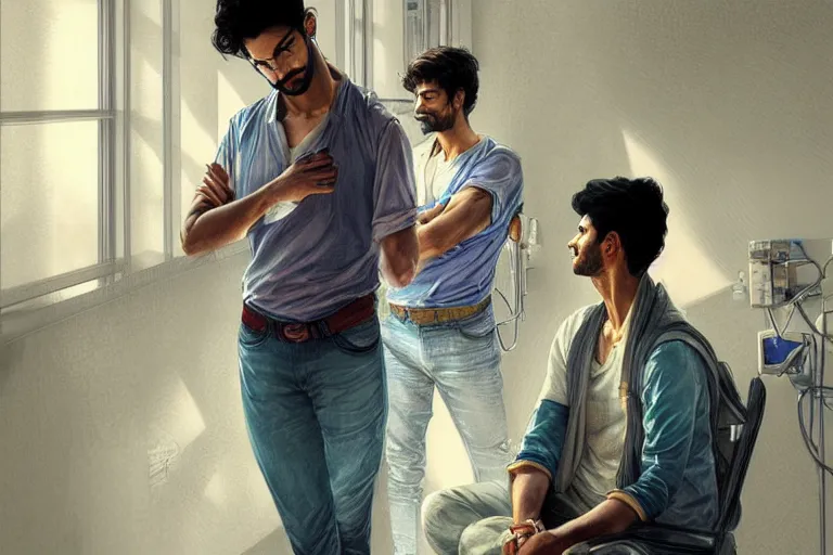 Image similar to Anxious good looking pale young Indian doctors wearing jeans inside a hospital, portrait, elegant, intricate, digital painting, artstation, concept art, smooth, sharp focus, illustration, art by artgerm and greg rutkowski and alphonse mucha