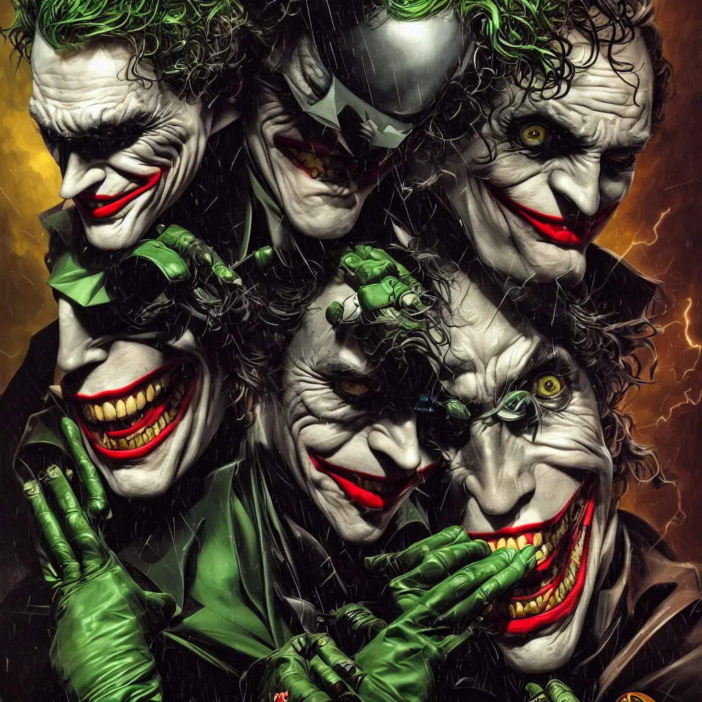 Image similar to a portrait of batman, the joker, robin, the riddler, the scarecrow, twoface, batmobile by karol bak, james jean, tom bagshaw, rococo, sharp focus, trending on artstation, cinematic lighting, hyper realism, octane render, 8 k, hyper detailed, vivid, ultra detailed, highly detailed