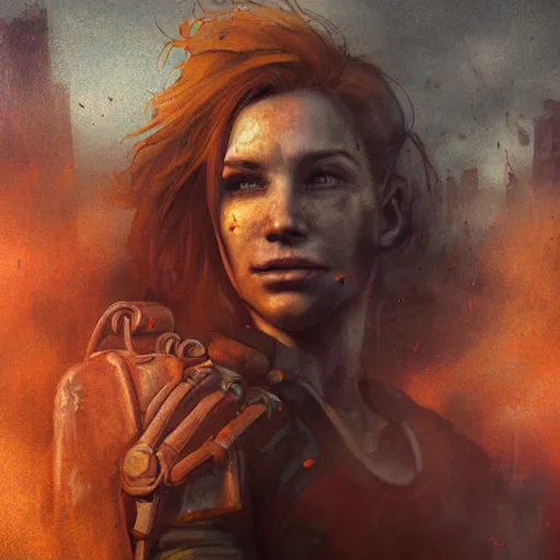 Image similar to fallout 5, charismatic beautiful rugged orange - haired female protagonist, portrait, outdoors ruined cityscape, atmospheric lighting, painted, intricate, volumetric lighting, beautiful, daytime, slight overcast weather, sharp focus, deep colours, ultra detailed, by leesha hannigan, ross tran, thierry doizon, kai carpenter, ignacio fernandez rios