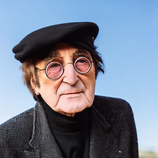 Image similar to old john lennon singer at age 9 0 years old, color ( sony a 7 r iv, symmetric balance, polarizing filter, photolab, lightroom, 4 k, dolby vision, photography award ), vogue, perfect face, movie poster