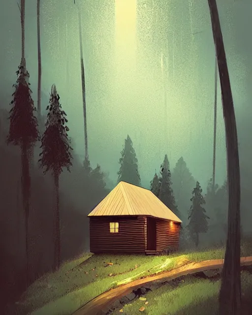 Prompt: small wooden cabin lost on a hill, trees in the background, at night with a little rain,, illustration, ismail inceoglu