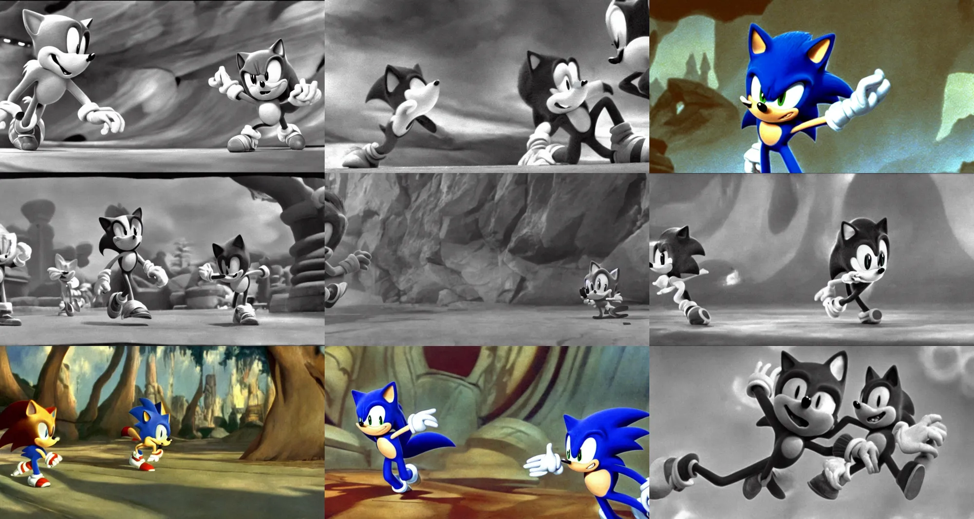 Prompt: A fill still of Sonic the hedgehog in the early 1927 Disney animated film, Walt Disney, cinematography, anamorphic