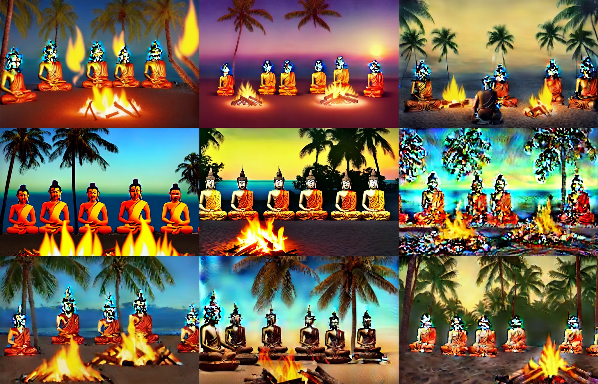 Prompt: photorealistic illustration of multiple buddhas sitting in around a campfire at the beach with palm trees in the back,, artstation, deviantart, cgsociety