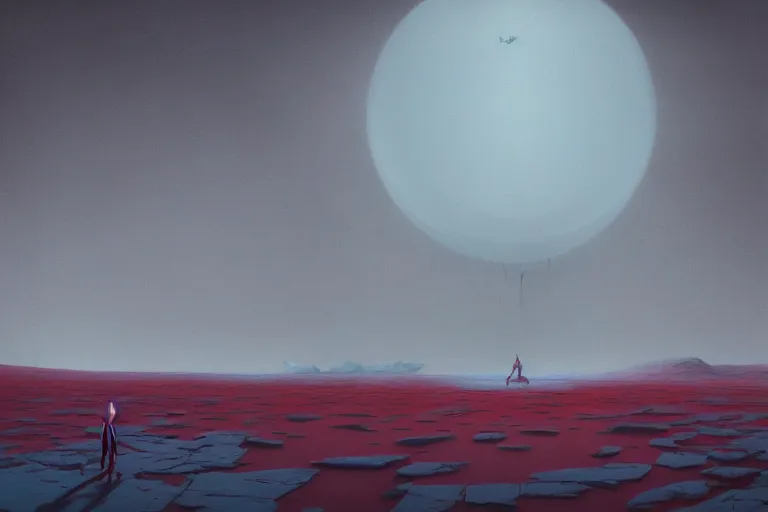 Image similar to surreal frozen landscape, painting by beeple and zdzisław beksinski, red color scheme, a matte painting by li shida, cgsociety, context art, redshift, matte painting, reimagined by industrial light and magic