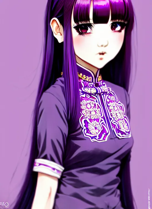 Image similar to full body illustration of an ulzzang korean girl purple hair with hime cut bangs, head slightly tilted, wearing an ornate cheongsam, ilya kuvshinov, anime, pixiv top monthly, trending on artstation, cinematic, danbooru, zerochan art, kyoto animation