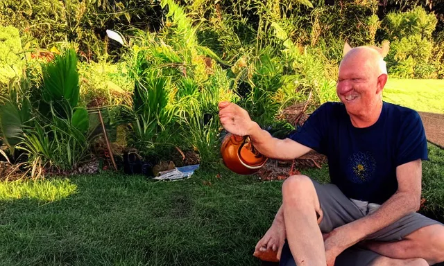 Image similar to My dad Steven just took a hit from the bongo and have good time being gracefully relaxed in the garden, sunset lighting