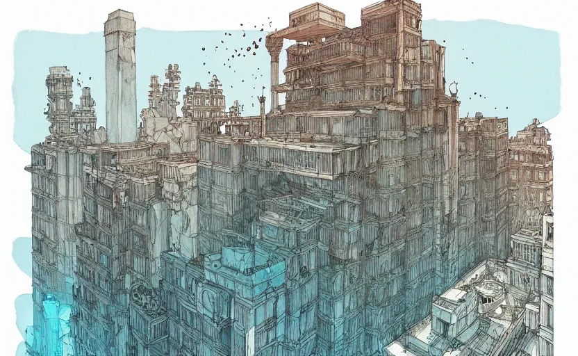 Image similar to lost city by kaethe butcher, dynamic lighting, gradient light blue, brown, blonde cream and white color scheme, grunge aesthetic