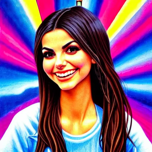 Prompt: a photorealistic detailed cinematic upclose image portrait of victoria justice in tshirt and jean shorts. powerful, triumph, glory, astonishing, met by friends and family, overjoyed, by pinterest, david a. hardy, kinkade, lisa frank, wpa, public works mural, socialist