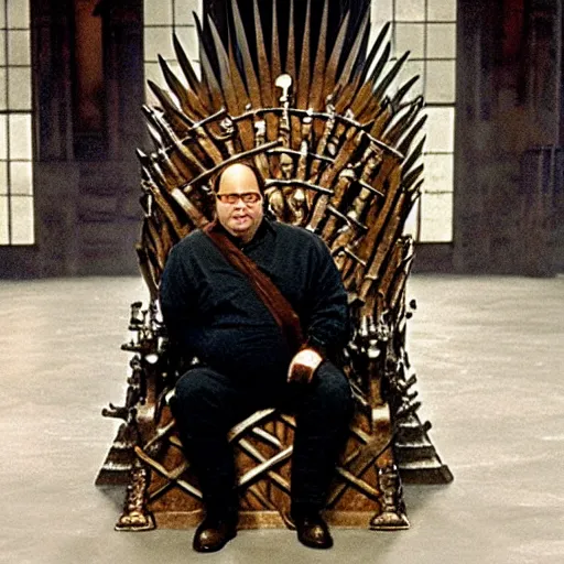 Prompt: George Costanza from Seinfeld sitting on the iron throne from Game of Thrones