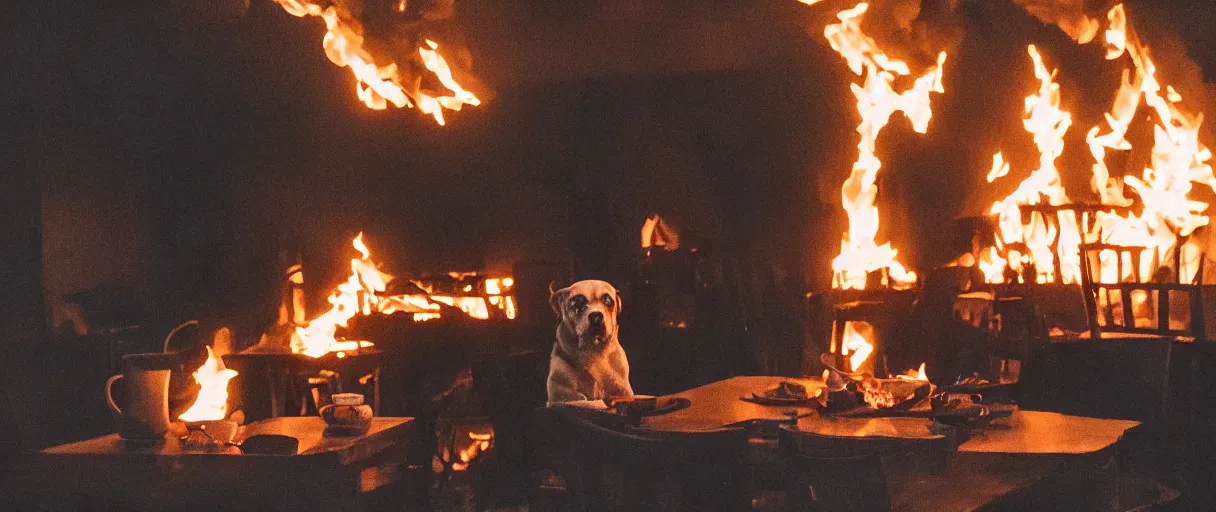 Image similar to a studio photograph (flash on) of a big fire on a dining room on fire, an human-like relaxed dog sitting on a wooden chair at a table (no fire at all there), ☕ on the table, surrounded by flames, a lot of flames behind the dog, black smoke instead of the ceiling, no watermark