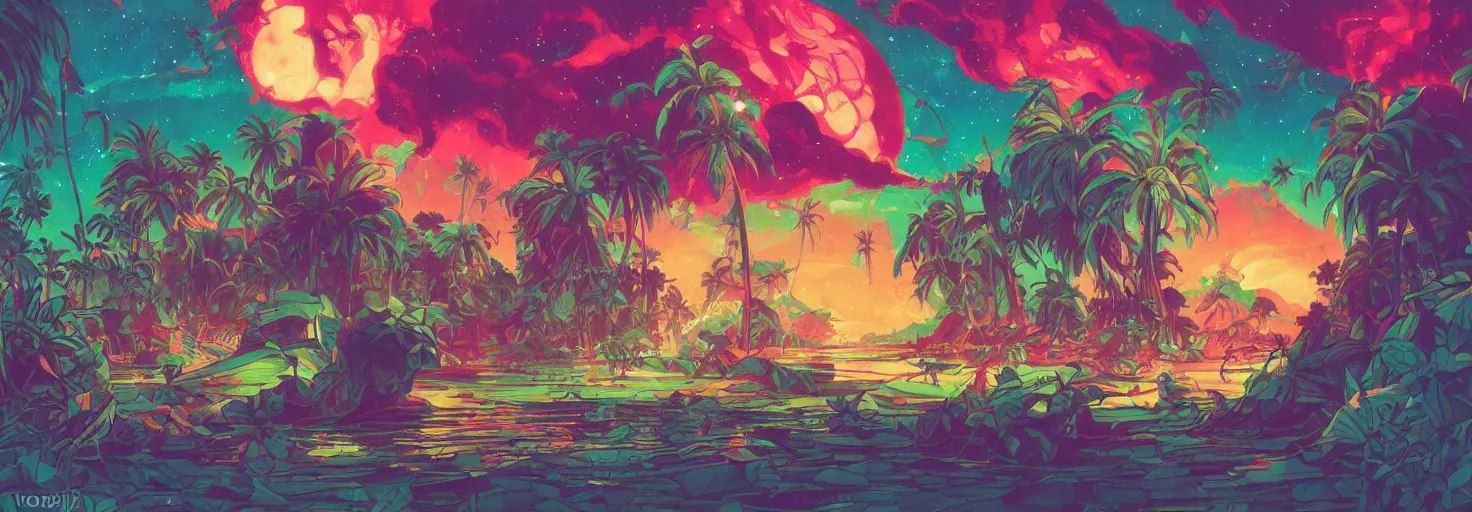 Prompt: stained glass!! universe!!!!, tropical, palm trees, infographic with illustrations, glowing lights, epic fantasy, colorfully, digital art, highly saturated colors, concept art, detailed illustration, hd, 4 k, digital art, greg rutkowski, dan mumford, studio ghibli trending on artstation