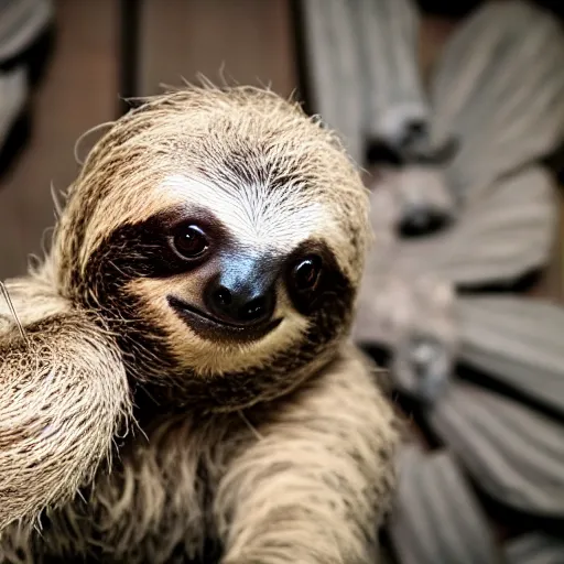 Prompt: baby cute sloth looking at the camera, most cute realistic animal in the world, sloth killing a pigeon with cute face, aggressive sloth fighting a muscled pigeon, best photo award, high quality 8 k, cinematic lighting
