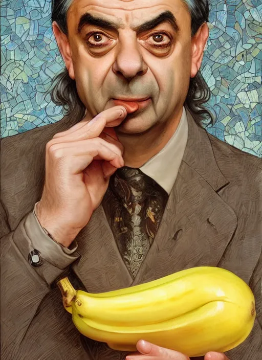 Image similar to Rowan Atkinson as cross eyed Mister Bean holding a banana, intricate, elegant, highly detailed, centered, digital painting, artstation, concept art, smooth, sharp focus, illustration, art by artgerm and donato giancola and alphonse mucha