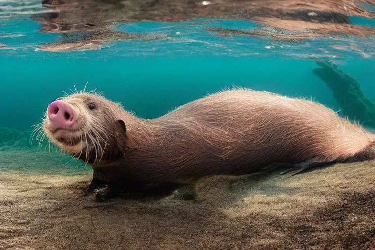 Image similar to a pig sea otter!!! hybrid! hyper realistic!! realistic lighting!! wildlife photographer of the year!!! bold natural colors, national geographic, hd, wide angle, 8 k