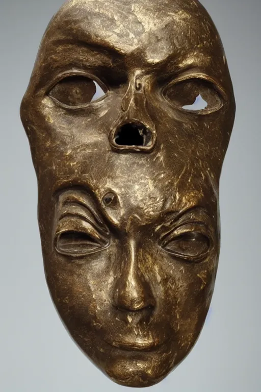 Prompt: massive bronze statue of hollow head, death mask, broken!!!
