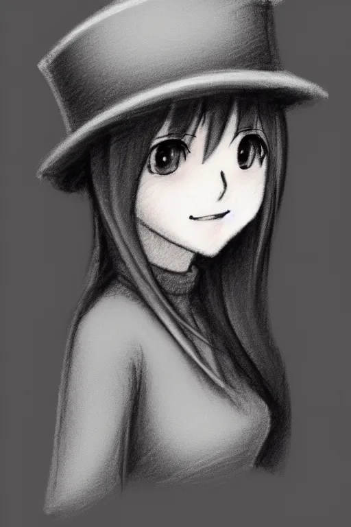 Image similar to cute loli in a tall grey top hat, face profile, pencil sketch, gray scale, anime style