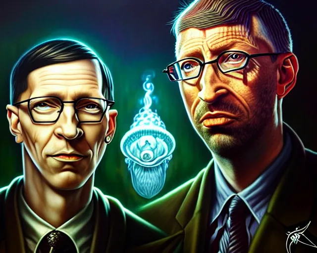 Image similar to lovecraft biopunk portrait of drake and bill gates, fractal background, by tomasz alen kopera and peter mohrbacher