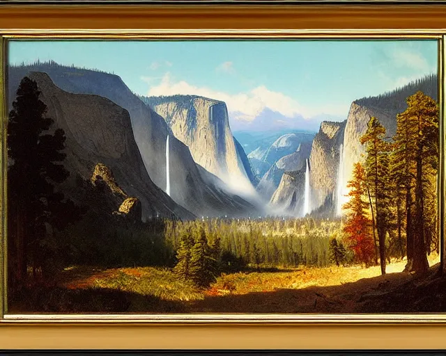Prompt: albert Bierstadt painting looking down Yosemite valley by yoji shinkawa very beautiful 4k