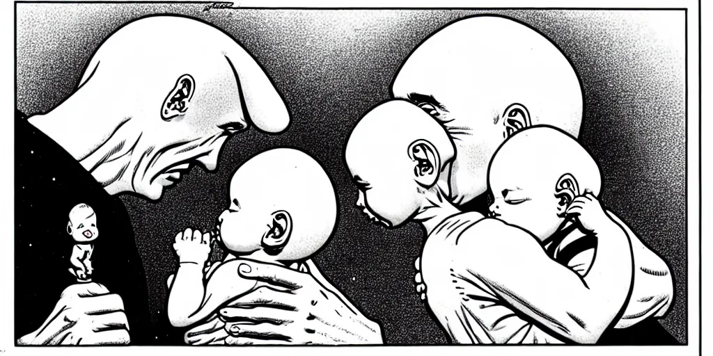 Image similar to dead moebius kissing baby moebius by moebius