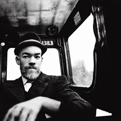 Image similar to photograph of michael stipe in the cab of a steam locomotive by anton corbijn