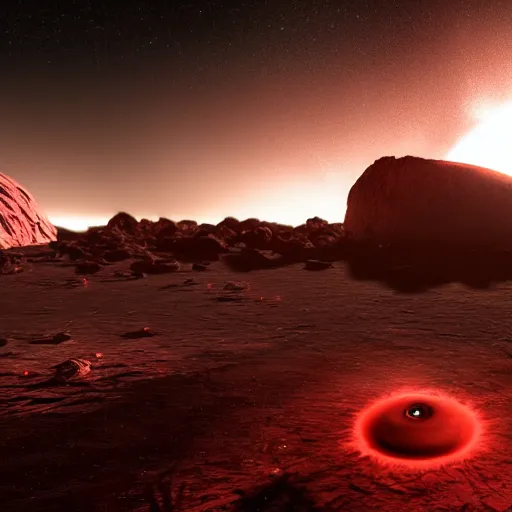 Image similar to The grand ending of an ominous era outside an exoplanet in space with a clear view of a spiral galaxy in splashes of red, purple and dark blue in unreal engine S- 69