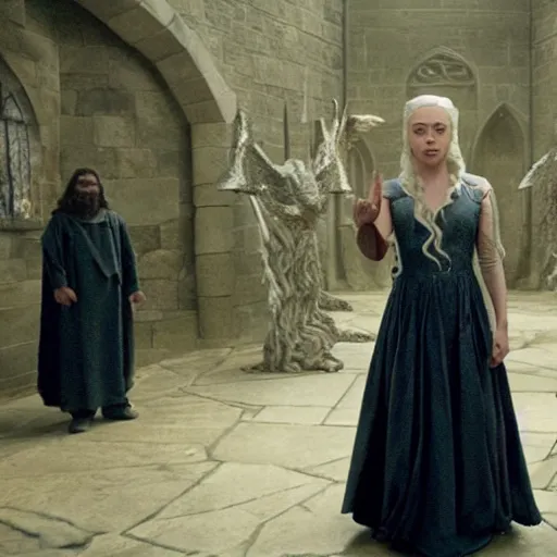 Image similar to Daenerys the Stormborn spells in the Hogwarts transfiguration room, film still