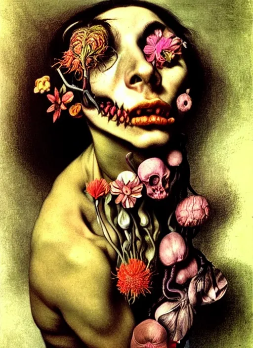 Image similar to beautiful rotten woman morphing into plants and many different types of beautiful flowers, muscles, organs, surreal, miguel angel, gustave courbet, caravaggio, romero ressendi, gunther von hagens