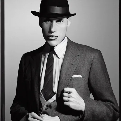 Image similar to A photograph portrait of Jerma985 wearing a suit with and fedora in the 1950s, taken in the early 1950s, grainy, taken on a 1950s Kodak Camera, realistic, hyperrealistic, very realistic, highly detailed, very detailed, extremely detailed, detailed, digital art, trending on artstation