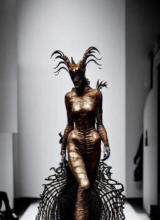 Prompt: walking down the catwalk, tim walker, show, stage, vogue photo, podium, fashion show photo, historical baroque dress dark, iris van herpen, beautiful woman, full body shot, masterpiece, intricate, biopunk, predator, guyver, highly detailed