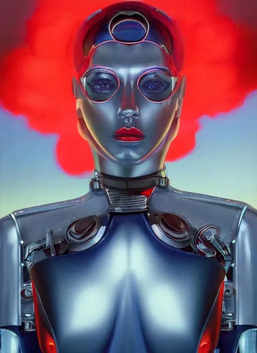 Image similar to ( ( symmetry ) ) closeup portrait of a chrome ( cyborg ) girl, fashion racer jumpsuit with shoulder pads, cinematic light, windy, red blue, ( ( volumetric smoke ) ), mist, by gerald brom, by mikhail vrubel, by peter elson, muted colors, extreme detail, trending on artstation, 8 k