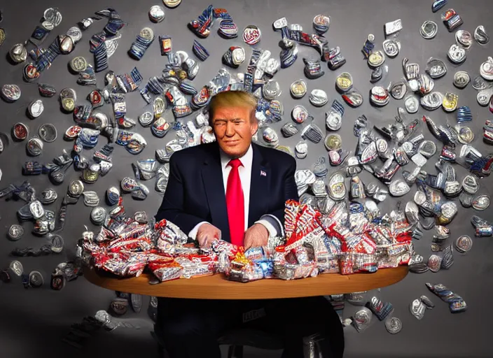 Image similar to portrait photo of donald trump sitting next to a table covered in mcdonald's wrappers and diet coke cans, studio lighting, key light, 8 k, 8 5 mm f 1. 8