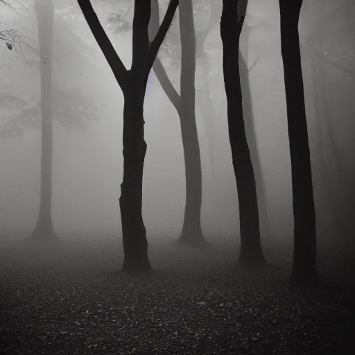 Prompt: deep misty forest with big black horned demon behind the tree, monochrome lomography