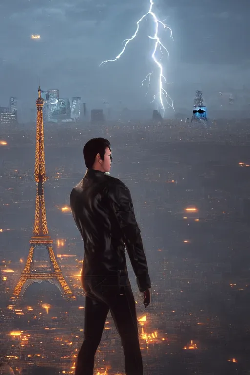 Image similar to in the foreground Paris, in the background a dark-haired man from behind playing with lightning coming out of his hands wearing a long matrix-style jacket, realistic, high definition, many details, dramatic scene, symmetrical face, realistic eyes, cyberpunk art 2077