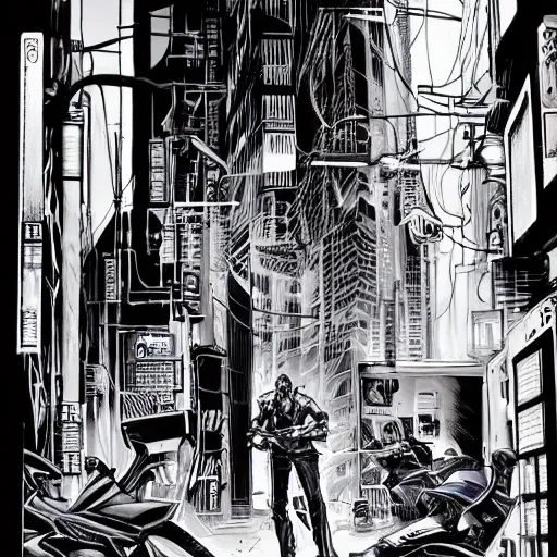 Prompt: a cyberpunk mafia boss with slicked back hair, in a cyberpunk city alleyway, extremely detailed comic book art, cyberpunk, art by stan lee, pen drawing, colorful, bright high tech lights, epic, moody, dramatic, deep shadows, marvel comics, dc comics, trending on artstation