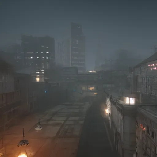 Prompt: playstation 5 screenshot of silent hill, overhead view, clear view, saturated, gorgeous, breathtaking matte painting