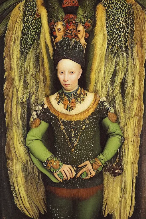 Prompt: portrait of humanoid iridescent green harpy eagle wearing a loose tunic. an anthropomorphic harpy birdr. fantasy, oil painting by jan van eyck, northern renaissance art, oil on canvas, wet - on - wet technique, realistic, expressive emotions, intricate textures, illusionistic detail