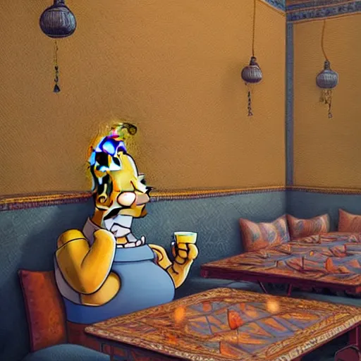 Image similar to Homer Simpson drinking tea in a Kurdish tea house, intricate, elegant, highly detailed, digital painting, artstation, concept art, matte, sharp focus, illustration, art by Artgerm and Greg Rutkowski and Enki Bilal