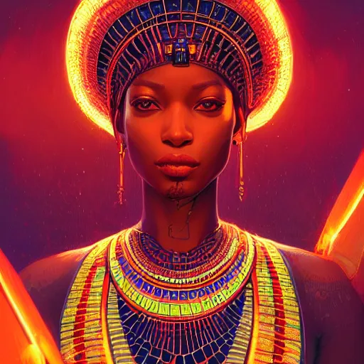 Image similar to highly detailed portrait of an african egyptian goddess, neon ankh, stephen bliss, unreal engine, fantasy art by greg rutkowski, loish, rhads, ferdinand knab, makoto shinkai and lois van baarle, ilya kuvshinov, rossdraws, tom bagshaw, global illumination, radiant light, detailed and intricate environment