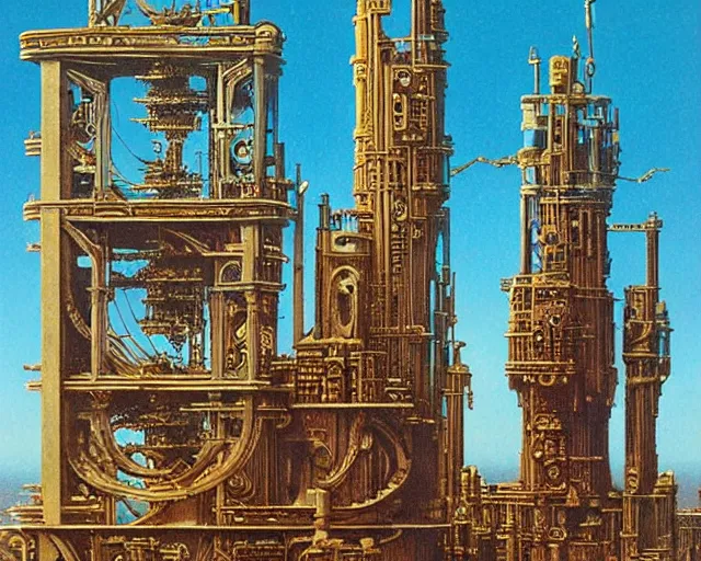 Image similar to steampunk tower by ralph mcquarrie and frank lloyd frank lloyd and bruce pennington and ted nasmith