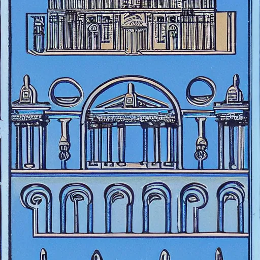 Prompt: A photo of Greek architecture floating in an infinite blue sky in 1993, tarot-like landscape it\'s lit by the camera flash. Greek architecture, mason, occult tarot symbols.