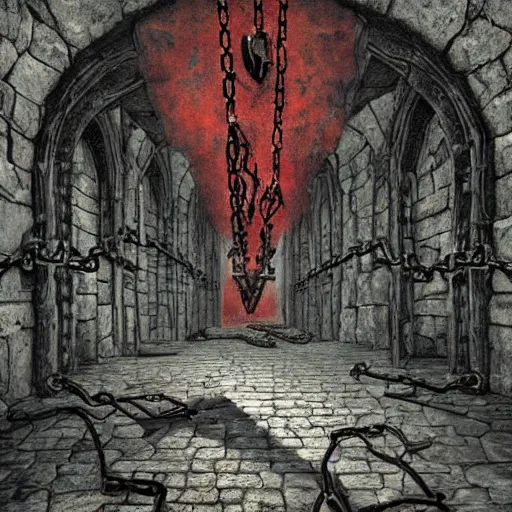 Prompt: art of a dark and desolate stone dungeon with red tattered tapestry, chains dangling from the ceiling, lit by medieval wall torches, grim and gritty, style of dark souls, high contrast, moody