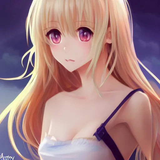 Dark blonde hair, mid hairlength, cute waifu, side bangs, wavy hair, blue  eyes, look over the shoulder, anime style, subtle smiling, natural  lipstick, round face