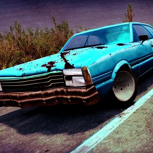 Prompt: A screenshot of a rusty, worn out, broken down, decrepit, run down, dingy, faded, chipped paint, tattered, beater 1976 Denim Blue Dodge Aspen in FlatOut 2