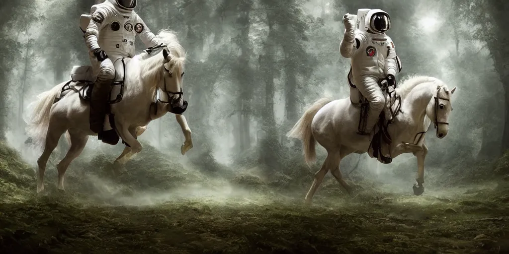 Image similar to an astronaut riding on the back of a white horse through a forest, a detailed matte painting by frieke janssens, featured on cgsociety, fantasy art, matte painting, reimagined by industrial light and magic, matte drawing