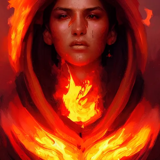 Image similar to a beautiful portrait of a flame goddess by by Greg Rutkowski and Raymond Swanland, Trending on Artstation, Flaming Background, ultra realistic digital art