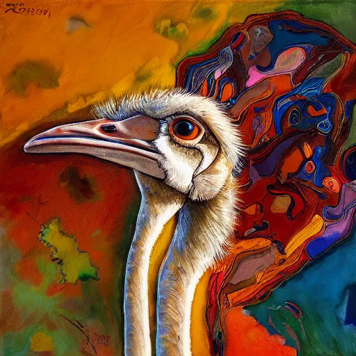 Prompt: painting of a ostrich in the style of disco elysium, expressionism, artstation, trending, by aleksander rostov, jenny saville, rembrandt, alex kanevsky, wassily kandinsky, dave mckean, yoshitaka amano